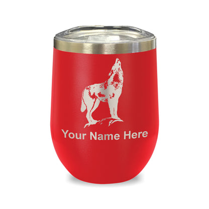 LaserGram Double Wall Stainless Steel Wine Glass, Howling Wolf, Personalized Engraving Included