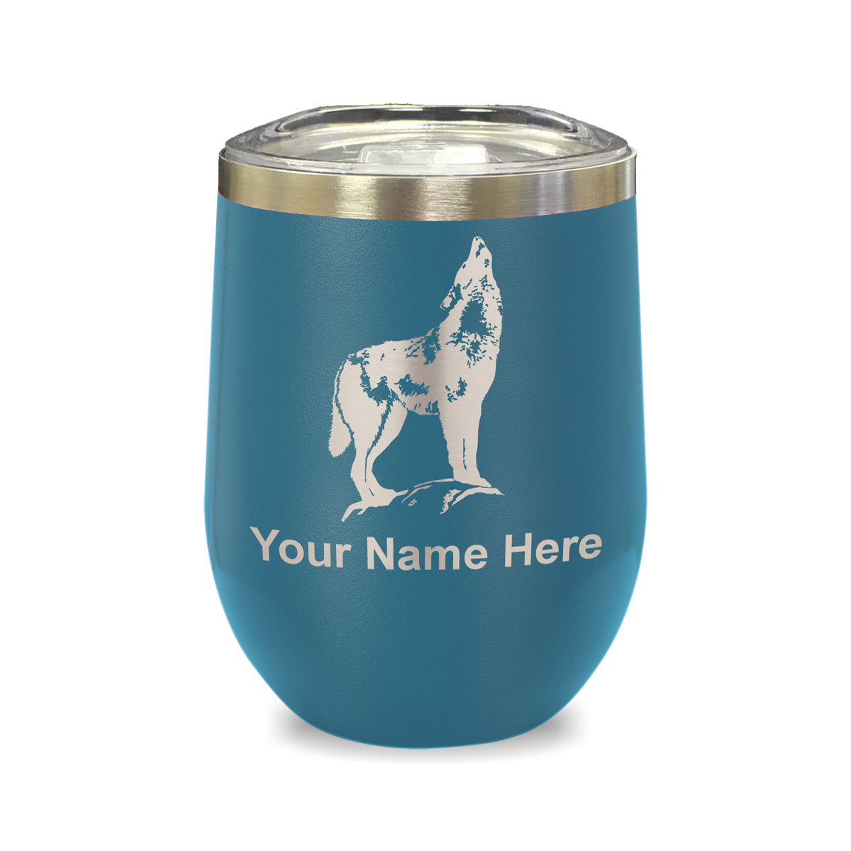 LaserGram Double Wall Stainless Steel Wine Glass, Howling Wolf, Personalized Engraving Included