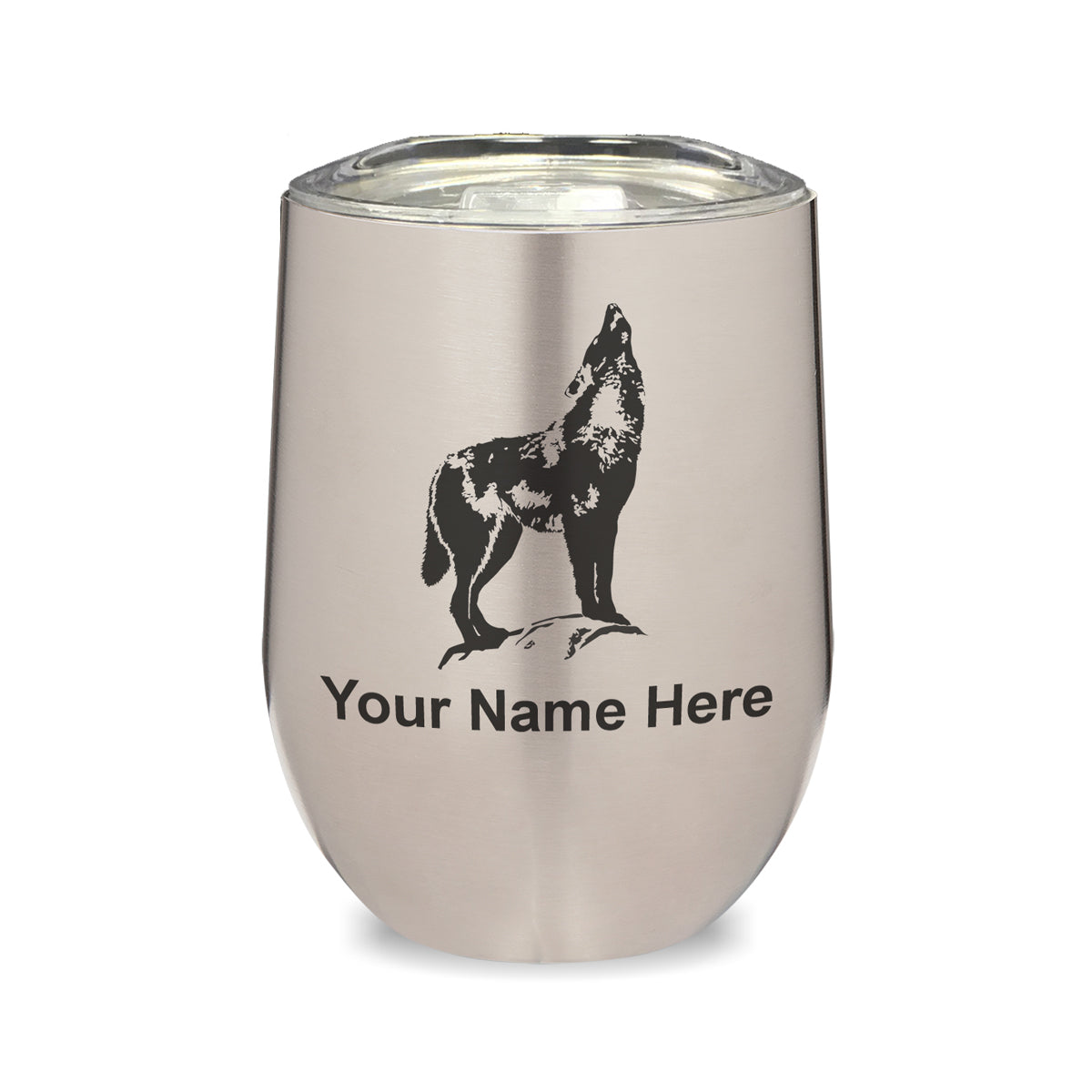 LaserGram Double Wall Stainless Steel Wine Glass, Howling Wolf, Personalized Engraving Included