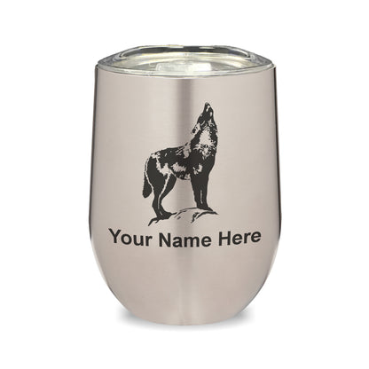 LaserGram Double Wall Stainless Steel Wine Glass, Howling Wolf, Personalized Engraving Included