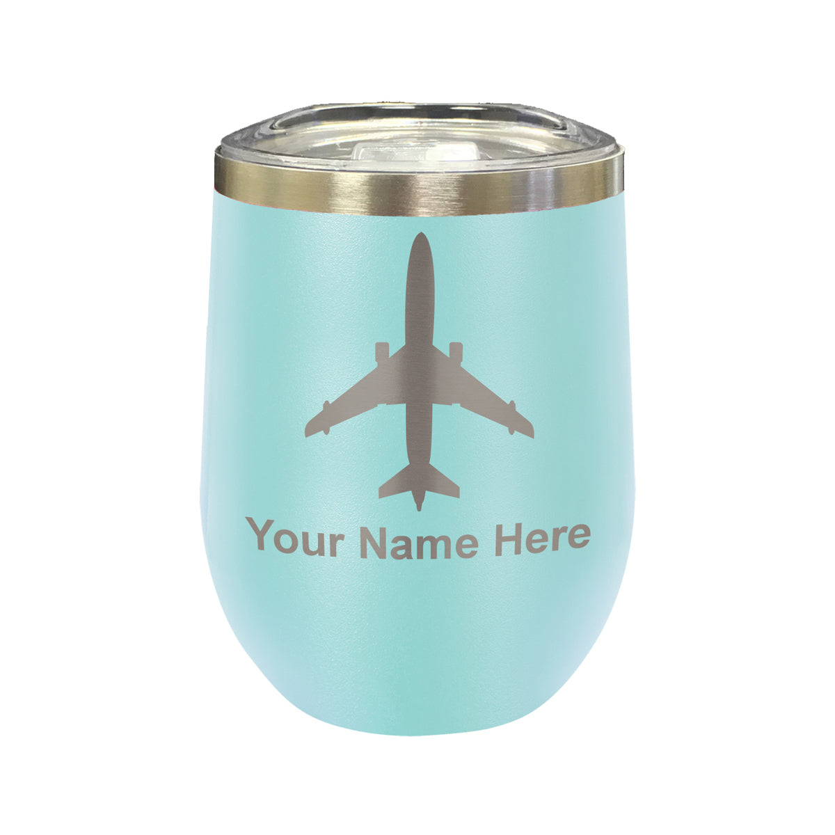 LaserGram Double Wall Stainless Steel Wine Glass, Jet Airplane, Personalized Engraving Included