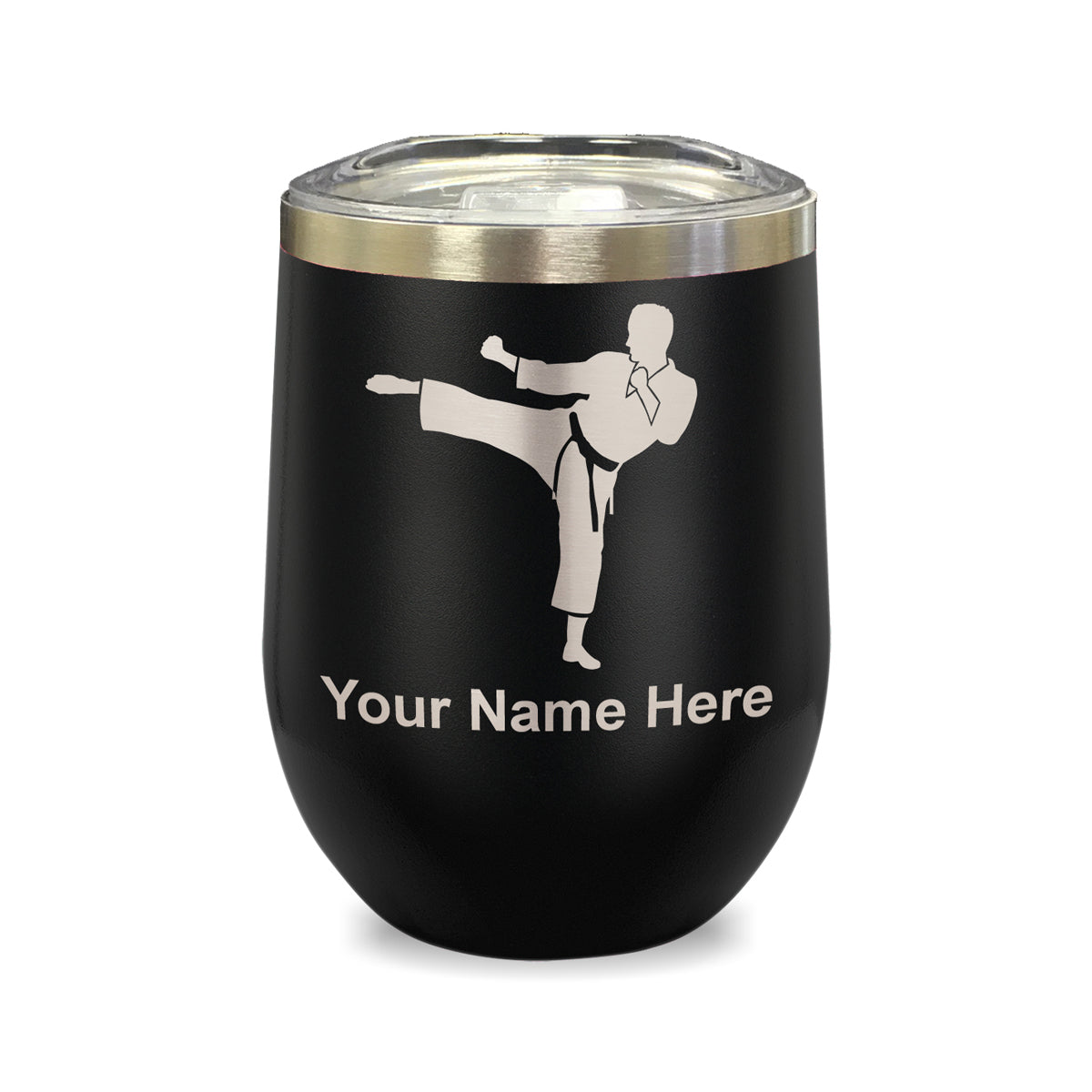 LaserGram Double Wall Stainless Steel Wine Glass, Karate Man, Personalized Engraving Included