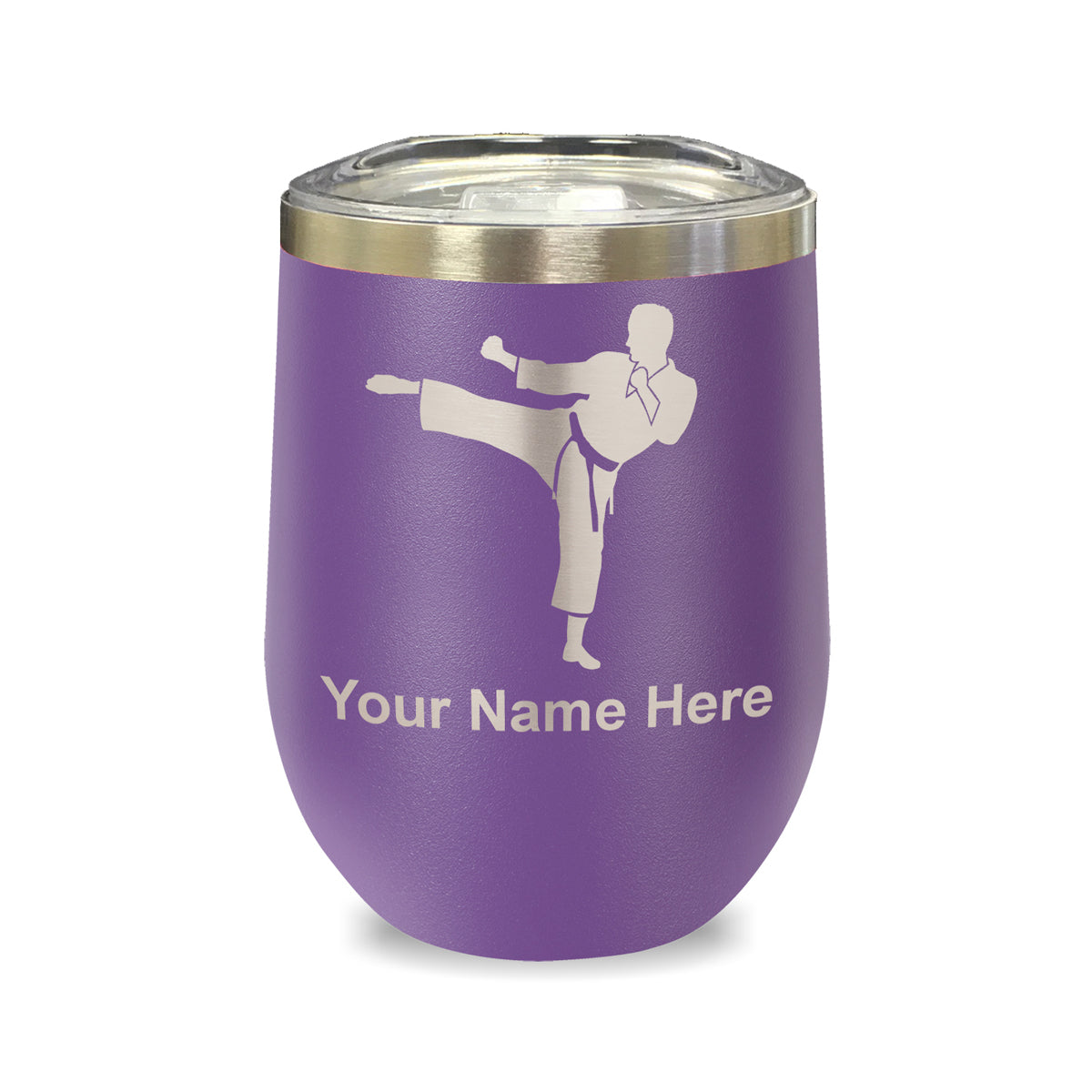 LaserGram Double Wall Stainless Steel Wine Glass, Karate Man, Personalized Engraving Included