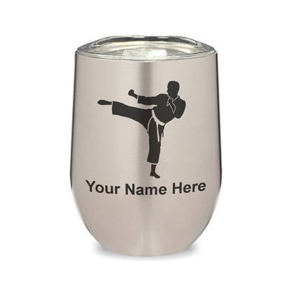 LaserGram Double Wall Stainless Steel Wine Glass, Karate Man, Personalized Engraving Included