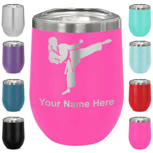 LaserGram Double Wall Stainless Steel Wine Glass, Karate Woman, Personalized Engraving Included