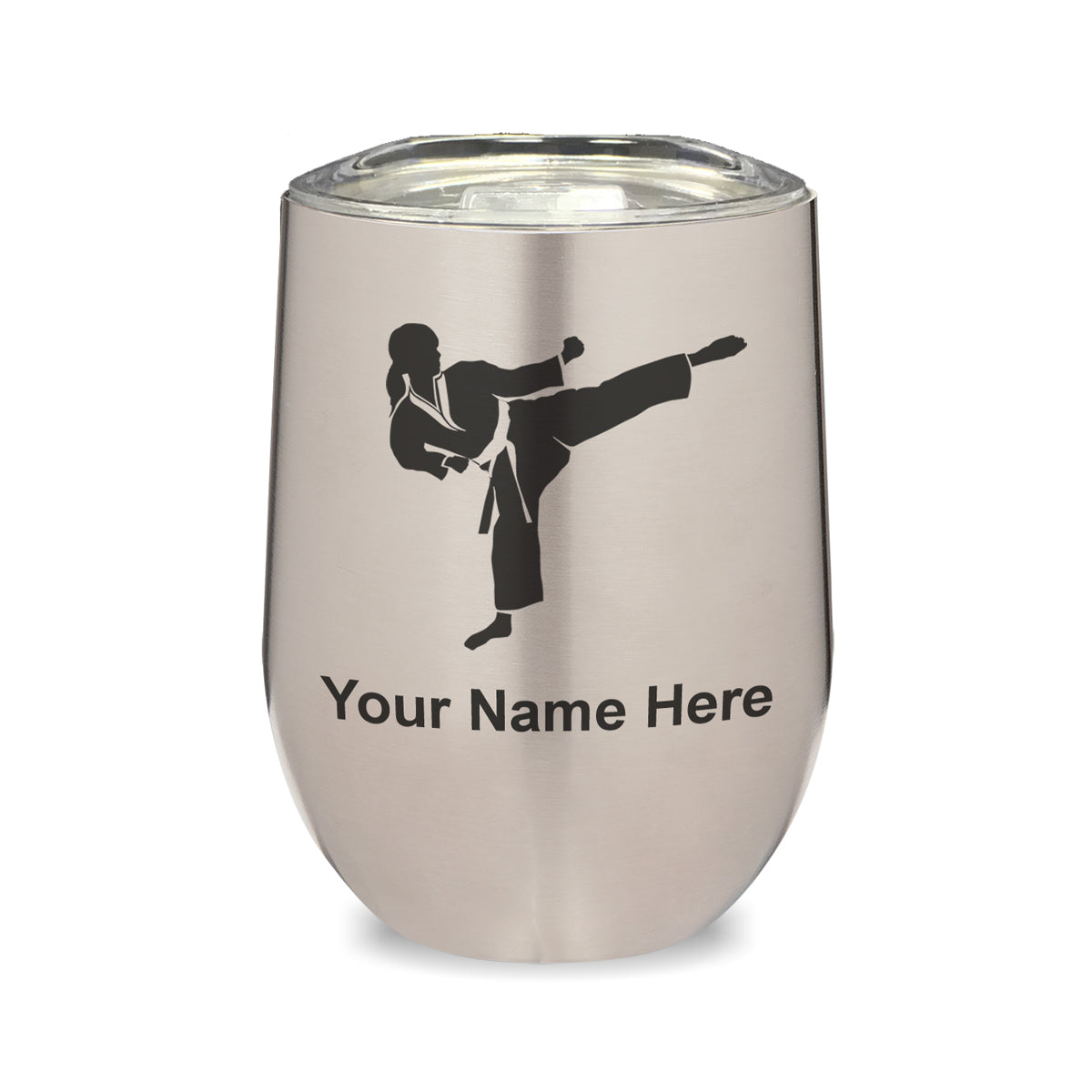 LaserGram Double Wall Stainless Steel Wine Glass, Karate Woman, Personalized Engraving Included