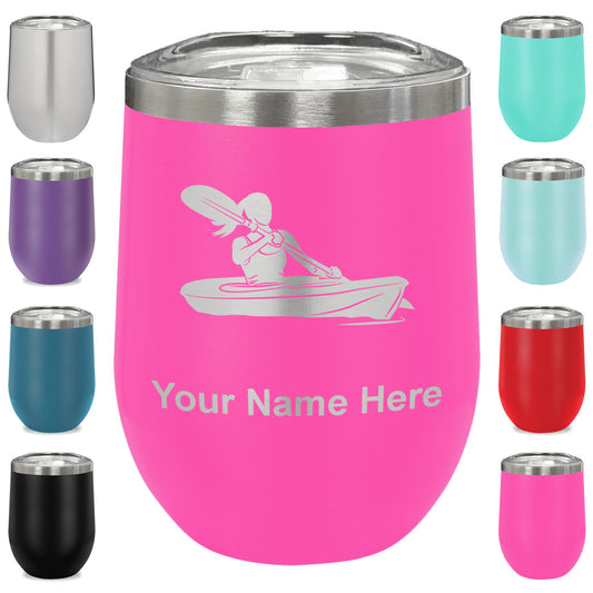 LaserGram Double Wall Stainless Steel Wine Glass, Kayak Woman, Personalized Engraving Included