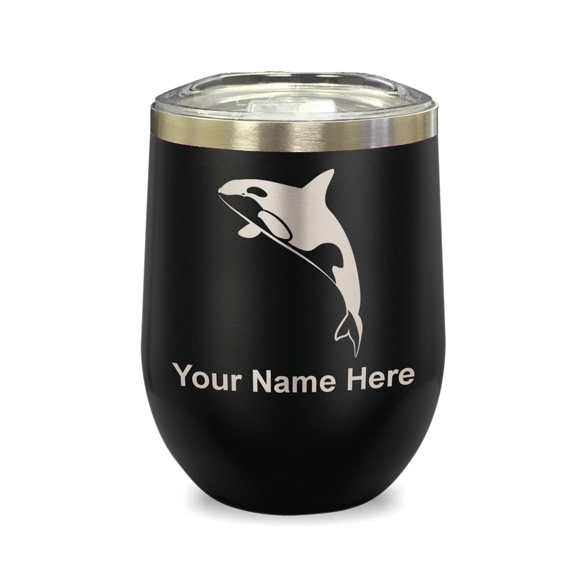 LaserGram Double Wall Stainless Steel Wine Glass, Killer Whale, Personalized Engraving Included