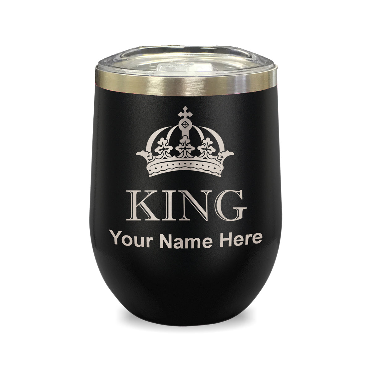 LaserGram Double Wall Stainless Steel Wine Glass, King Crown, Personalized Engraving Included