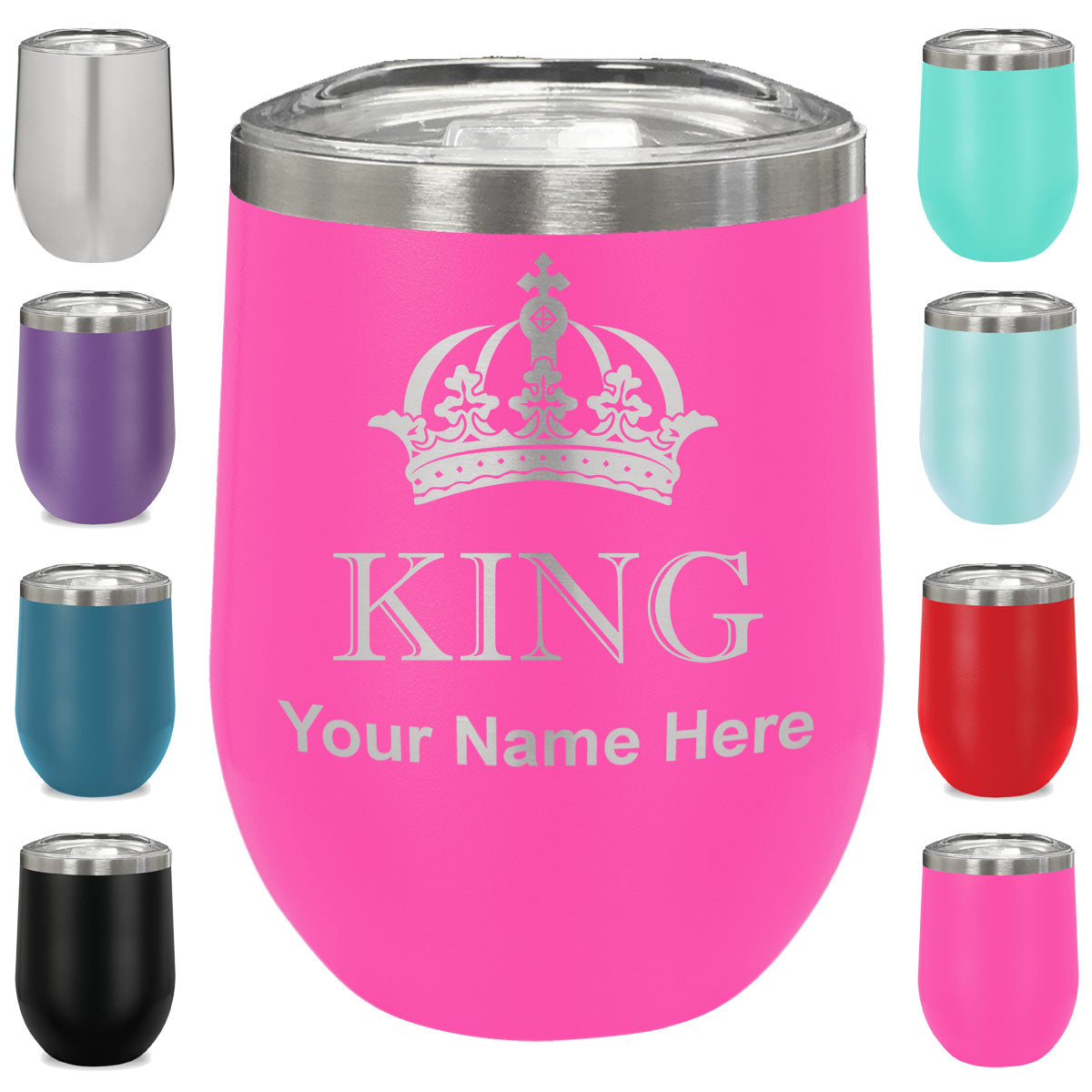 LaserGram Double Wall Stainless Steel Wine Glass, King Crown, Personalized Engraving Included