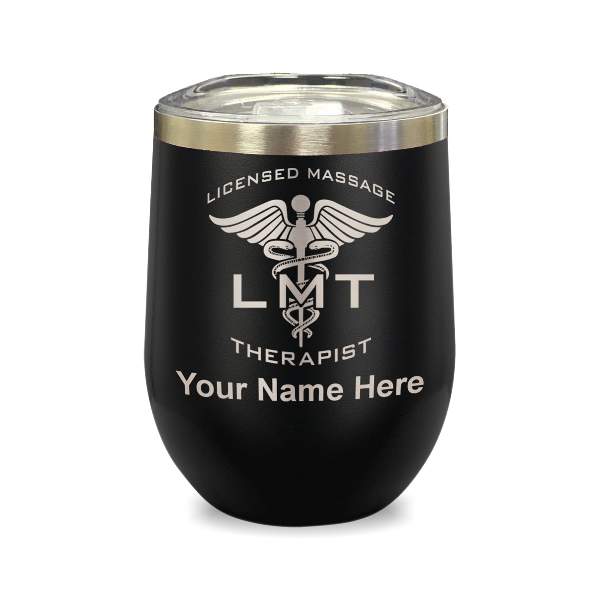 LaserGram Double Wall Stainless Steel Wine Glass, LMT Licensed Massage Therapist, Personalized Engraving Included