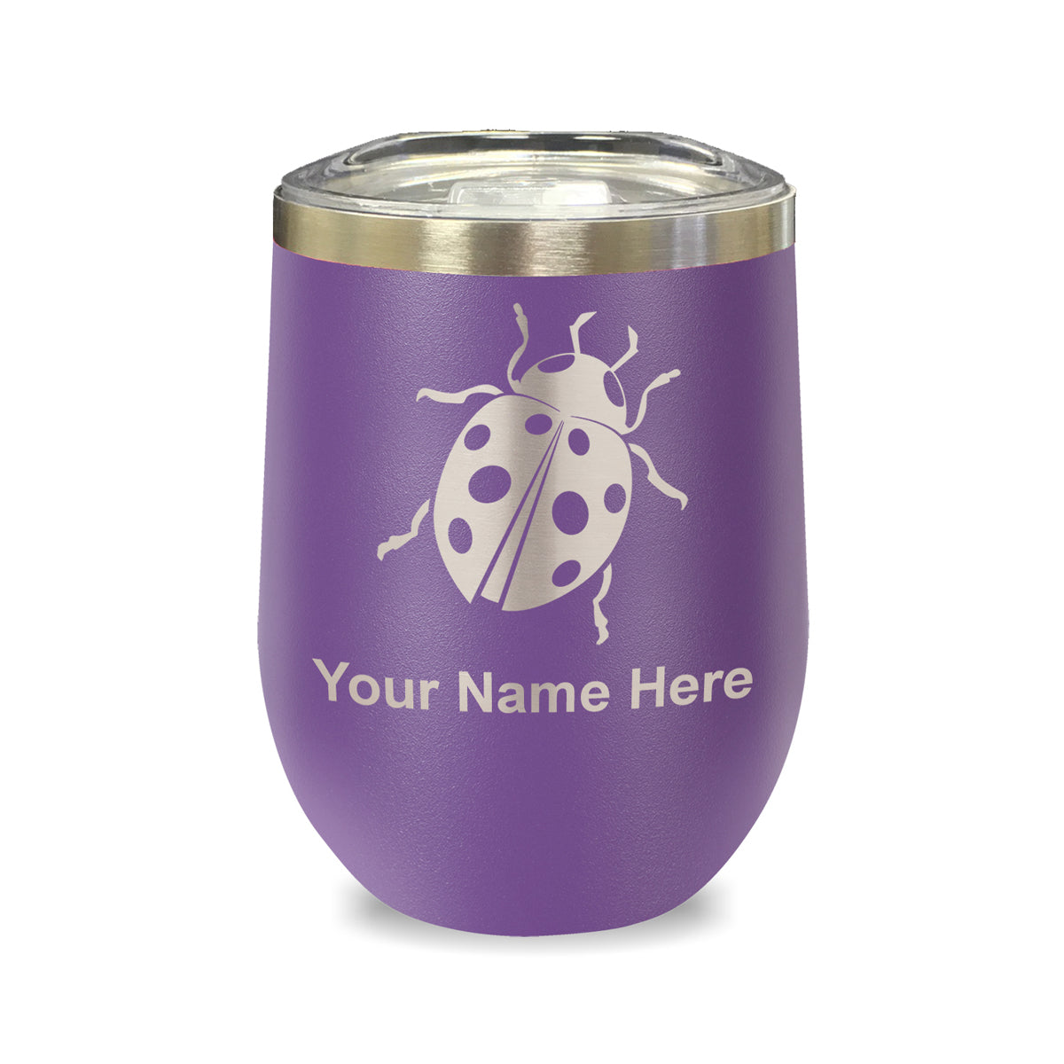 LaserGram Double Wall Stainless Steel Wine Glass, Ladybug, Personalized Engraving Included