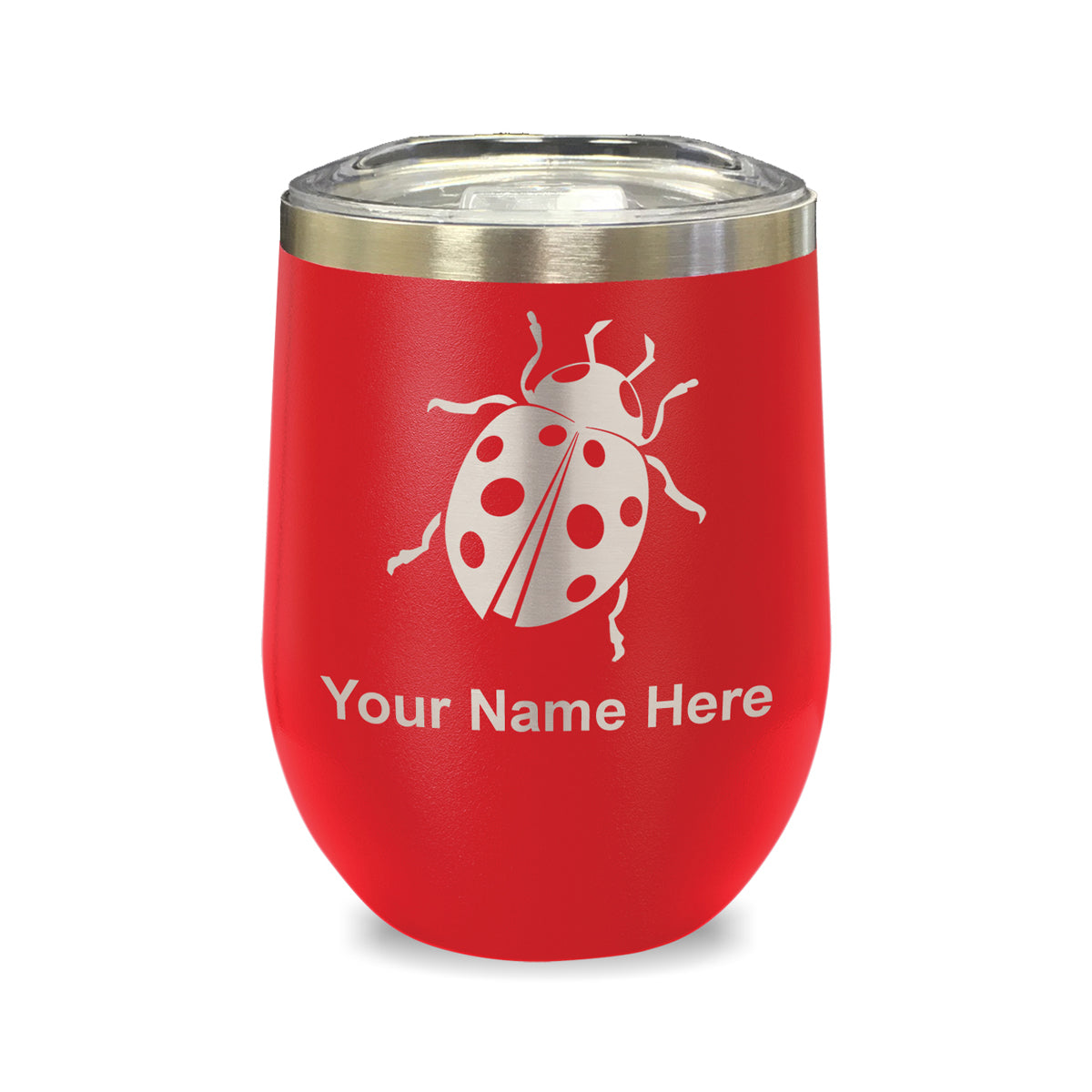 LaserGram Double Wall Stainless Steel Wine Glass, Ladybug, Personalized Engraving Included