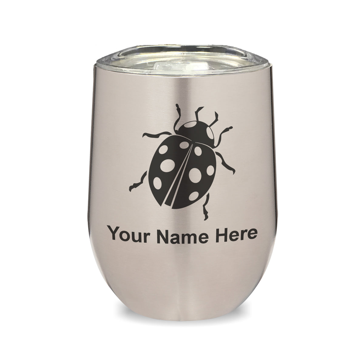 LaserGram Double Wall Stainless Steel Wine Glass, Ladybug, Personalized Engraving Included