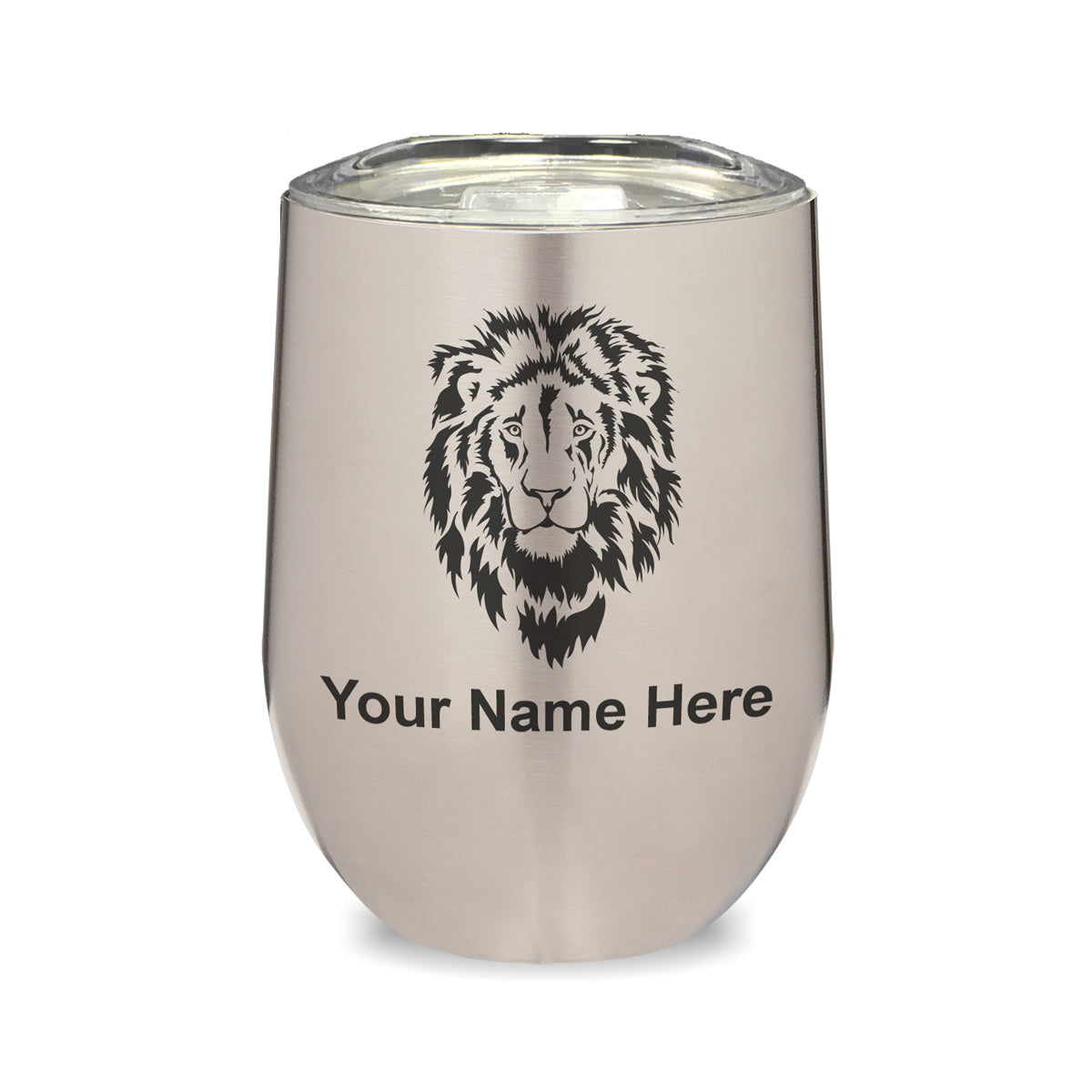 LaserGram Double Wall Stainless Steel Wine Glass, Lion Head, Personalized Engraving Included