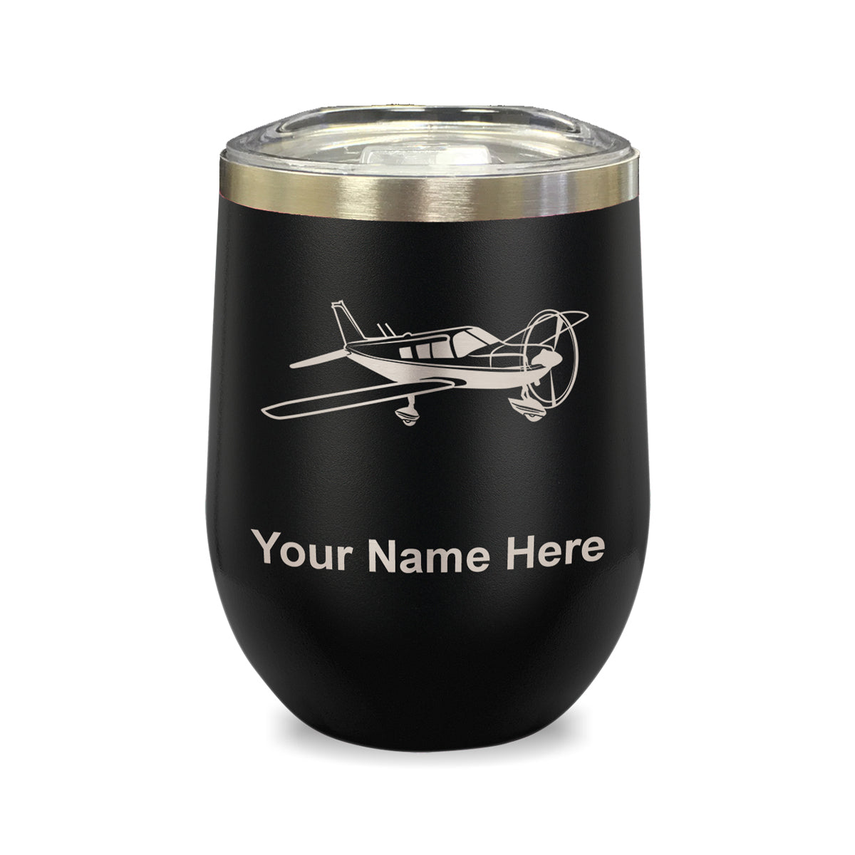 LaserGram Double Wall Stainless Steel Wine Glass, Low Wing Airplane, Personalized Engraving Included