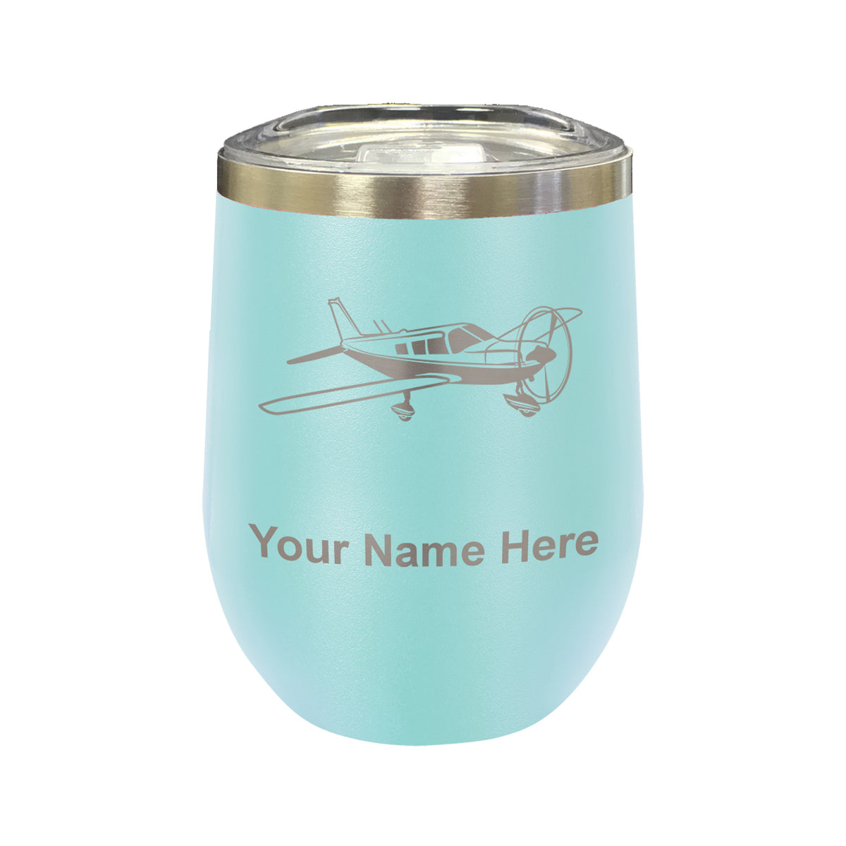 LaserGram Double Wall Stainless Steel Wine Glass, Low Wing Airplane, Personalized Engraving Included