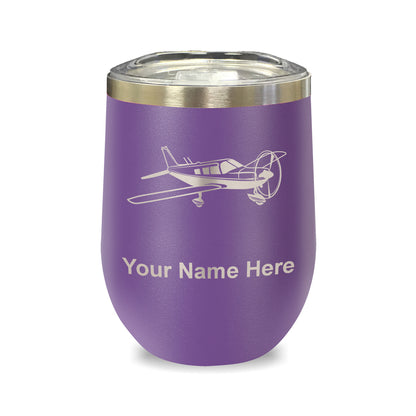 LaserGram Double Wall Stainless Steel Wine Glass, Low Wing Airplane, Personalized Engraving Included