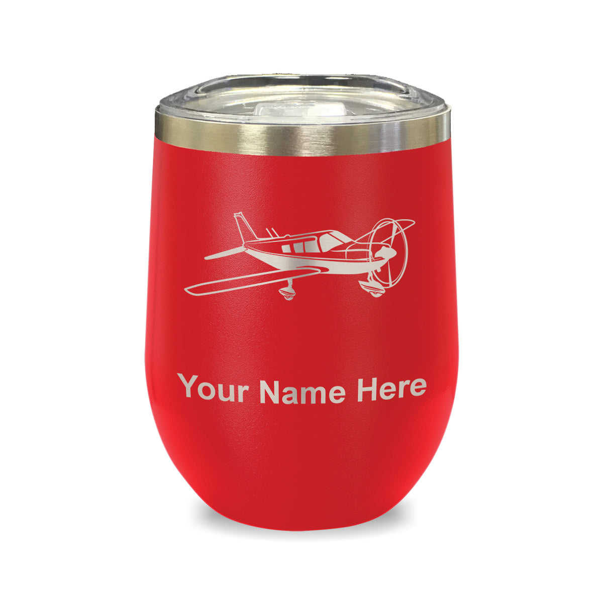 LaserGram Double Wall Stainless Steel Wine Glass, Low Wing Airplane, Personalized Engraving Included