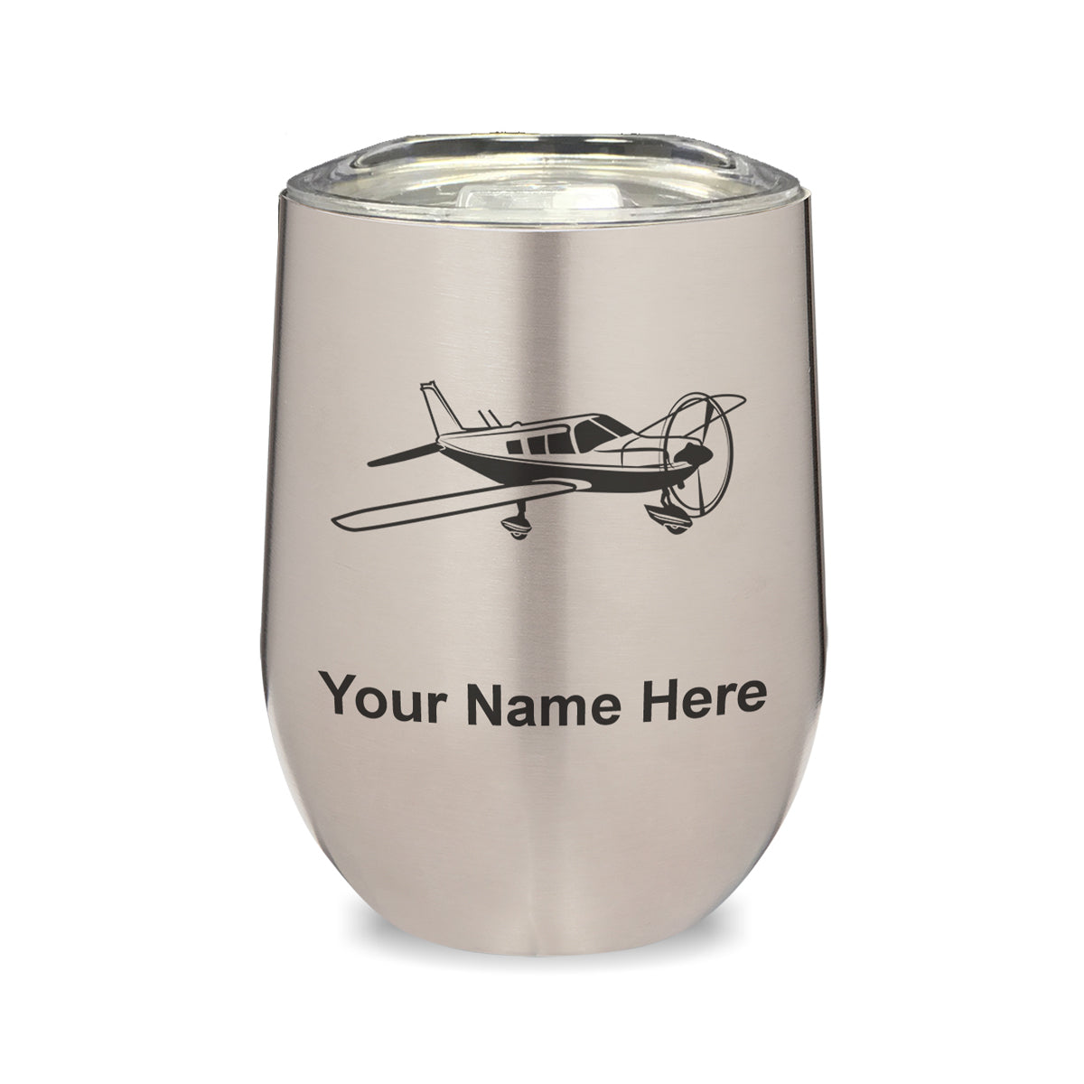 LaserGram Double Wall Stainless Steel Wine Glass, Low Wing Airplane, Personalized Engraving Included