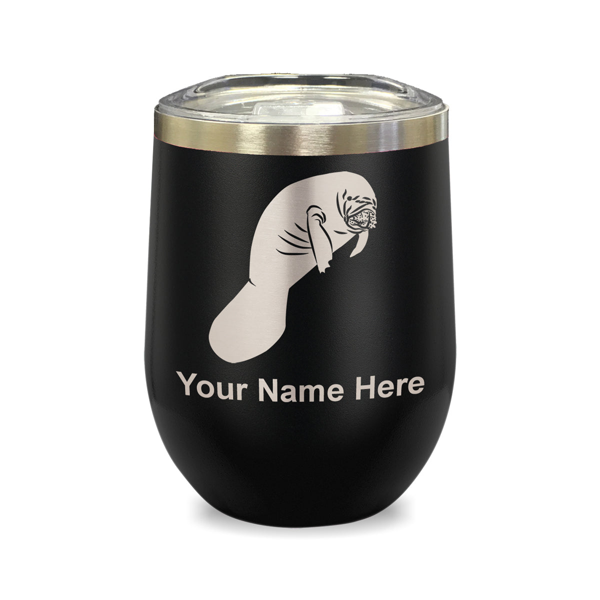 LaserGram Double Wall Stainless Steel Wine Glass, Manatee, Personalized Engraving Included