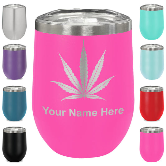 LaserGram Double Wall Stainless Steel Wine Glass, Marijuana leaf, Personalized Engraving Included