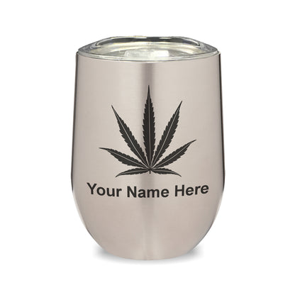 LaserGram Double Wall Stainless Steel Wine Glass, Marijuana leaf, Personalized Engraving Included