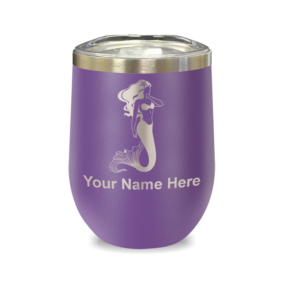 LaserGram Double Wall Stainless Steel Wine Glass, Mermaid, Personalized Engraving Included