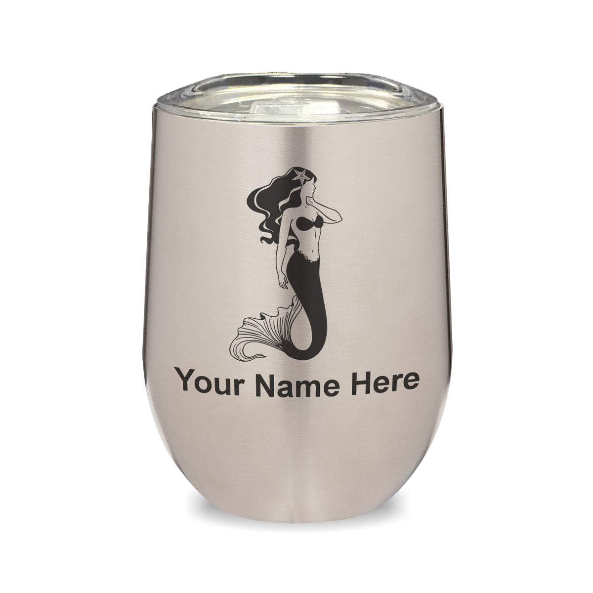 LaserGram Double Wall Stainless Steel Wine Glass, Mermaid, Personalized Engraving Included