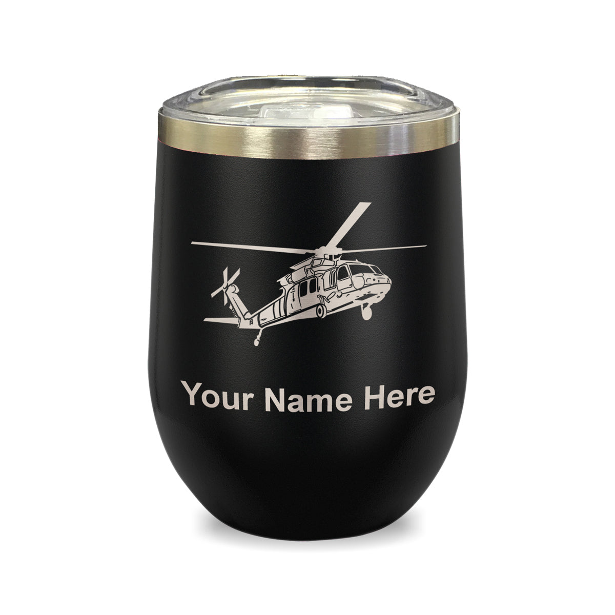 LaserGram Double Wall Stainless Steel Wine Glass, Military Helicopter 1, Personalized Engraving Included