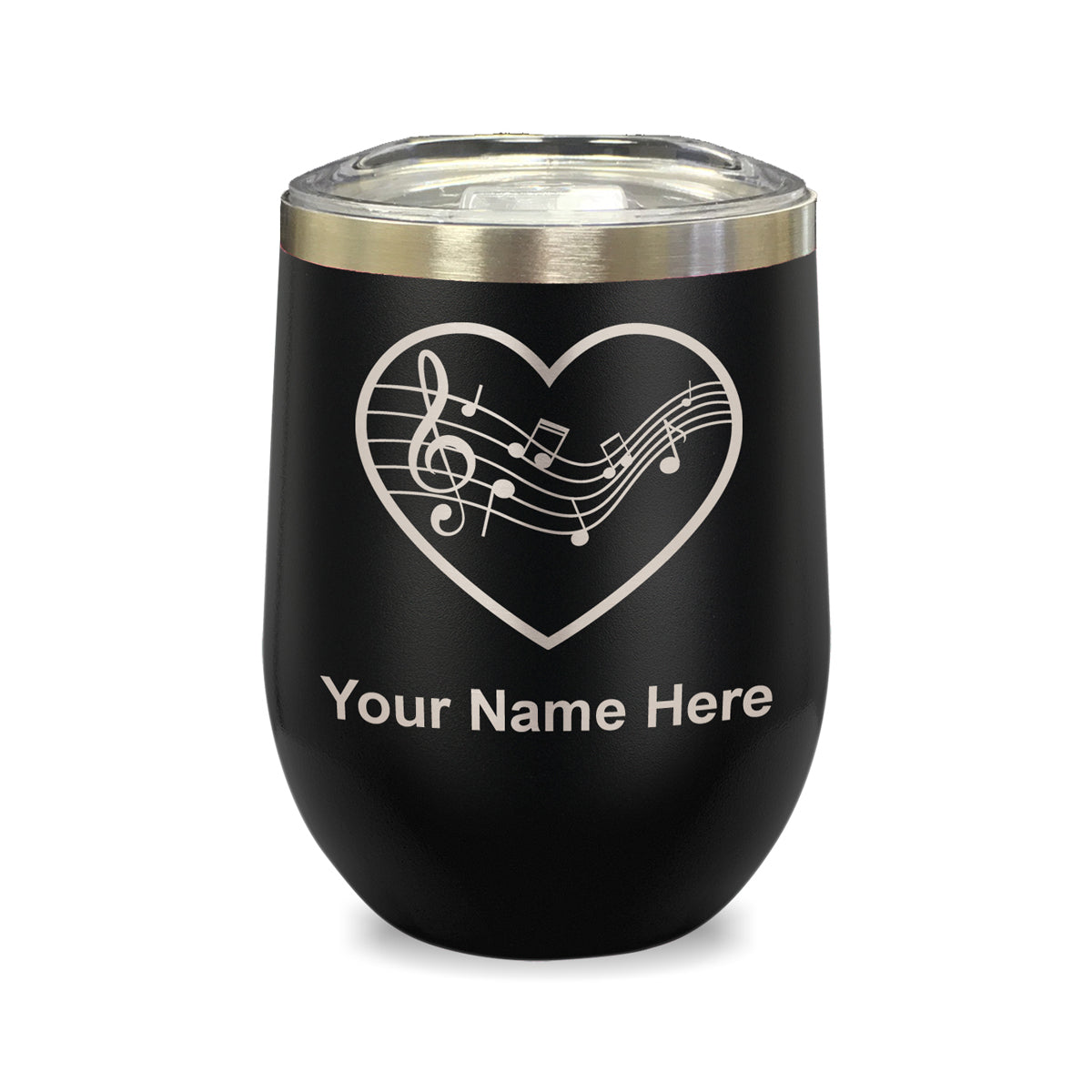 LaserGram Double Wall Stainless Steel Wine Glass, Music Staff Heart, Personalized Engraving Included