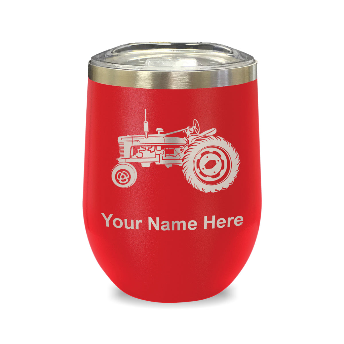 LaserGram Double Wall Stainless Steel Wine Glass, Old Farm Tractor, Personalized Engraving Included