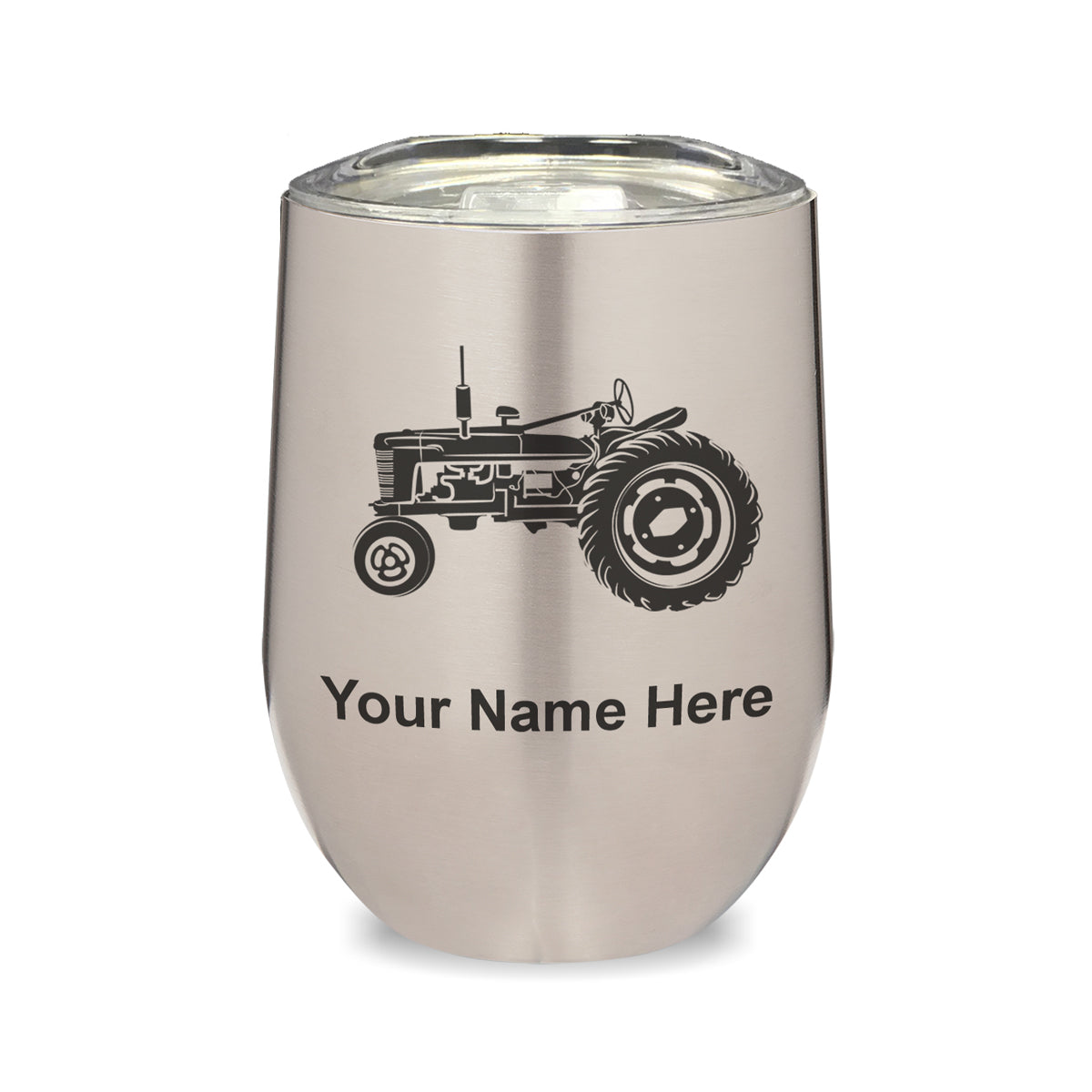 LaserGram Double Wall Stainless Steel Wine Glass, Old Farm Tractor, Personalized Engraving Included