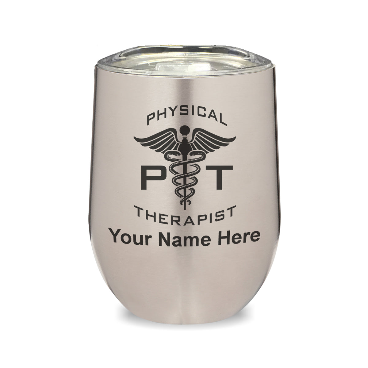 LaserGram Double Wall Stainless Steel Wine Glass, PT Physical Therapist, Personalized Engraving Included