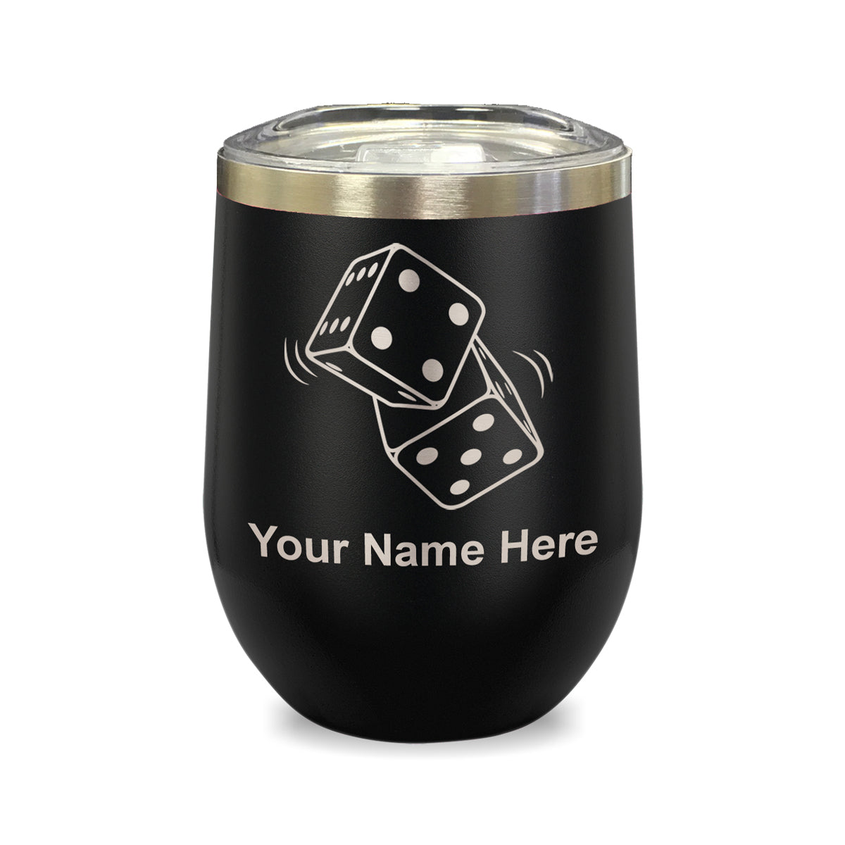 LaserGram Double Wall Stainless Steel Wine Glass, Pair of Dice, Personalized Engraving Included