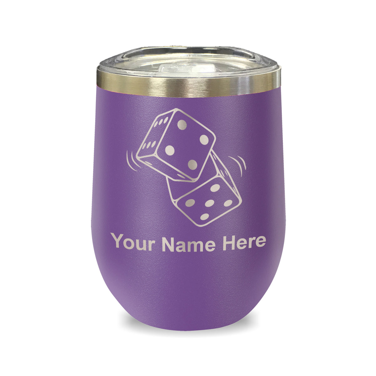 LaserGram Double Wall Stainless Steel Wine Glass, Pair of Dice, Personalized Engraving Included