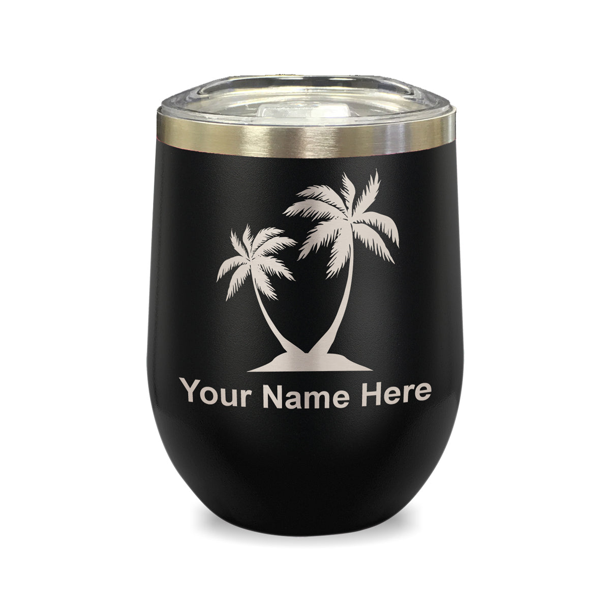 LaserGram Double Wall Stainless Steel Wine Glass, Palm Trees, Personalized Engraving Included