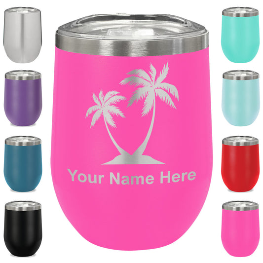 LaserGram Double Wall Stainless Steel Wine Glass, Palm Trees, Personalized Engraving Included
