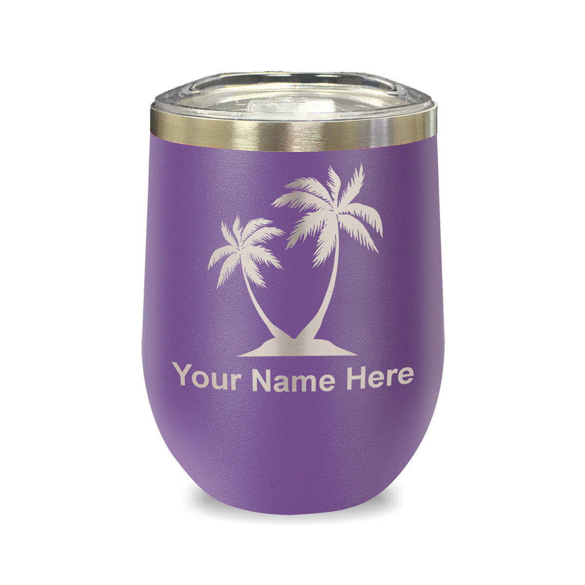 LaserGram Double Wall Stainless Steel Wine Glass, Palm Trees, Personalized Engraving Included