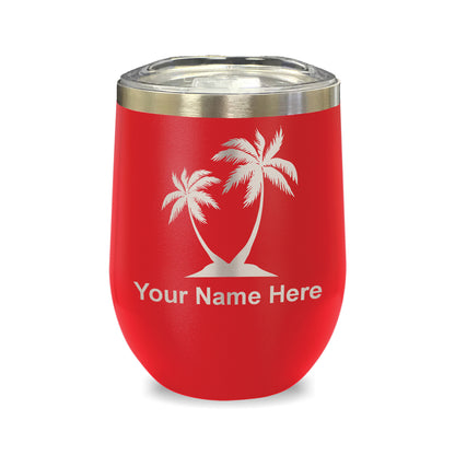 LaserGram Double Wall Stainless Steel Wine Glass, Palm Trees, Personalized Engraving Included