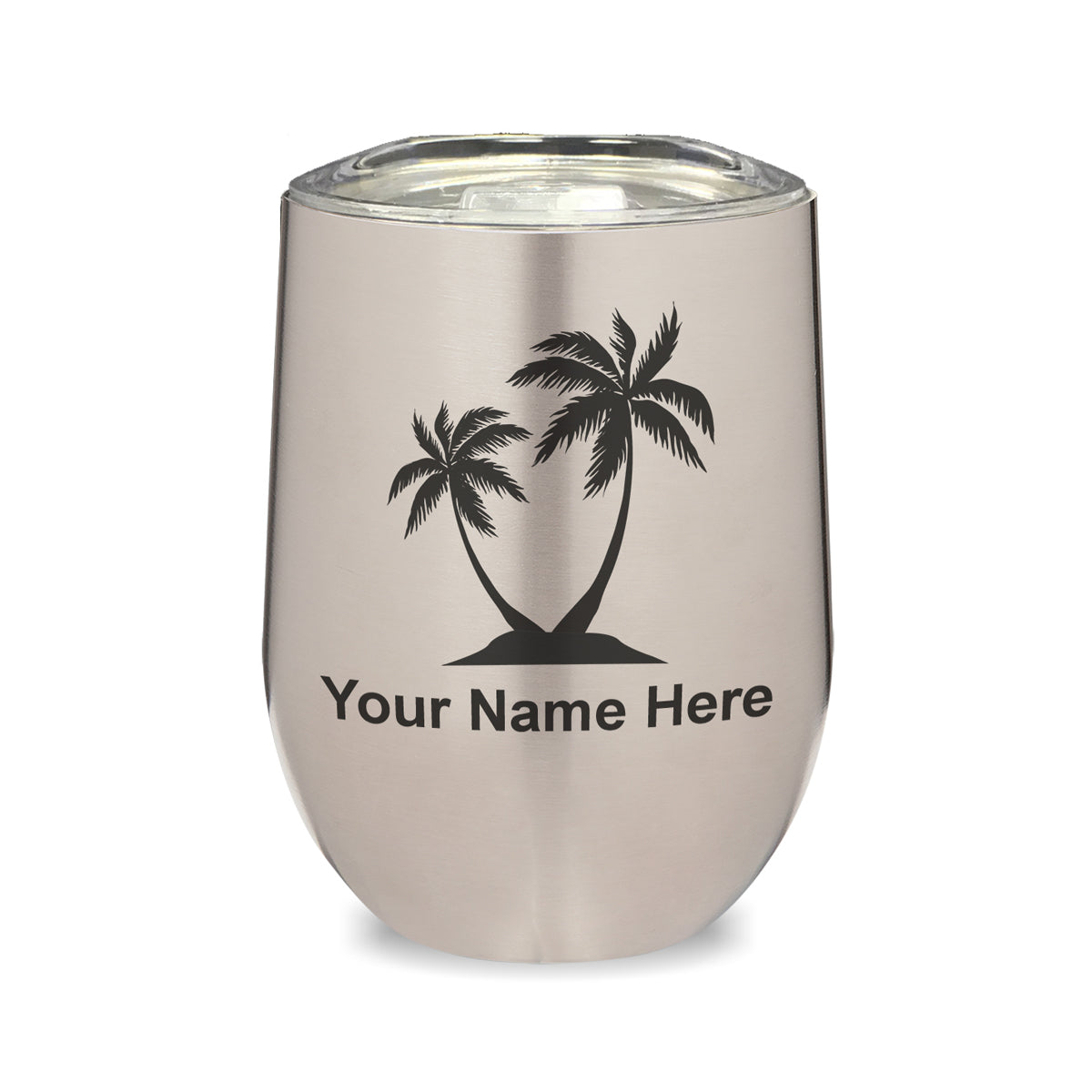 LaserGram Double Wall Stainless Steel Wine Glass, Palm Trees, Personalized Engraving Included