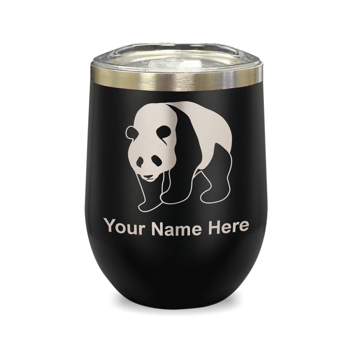 LaserGram Double Wall Stainless Steel Wine Glass, Panda Bear, Personalized Engraving Included