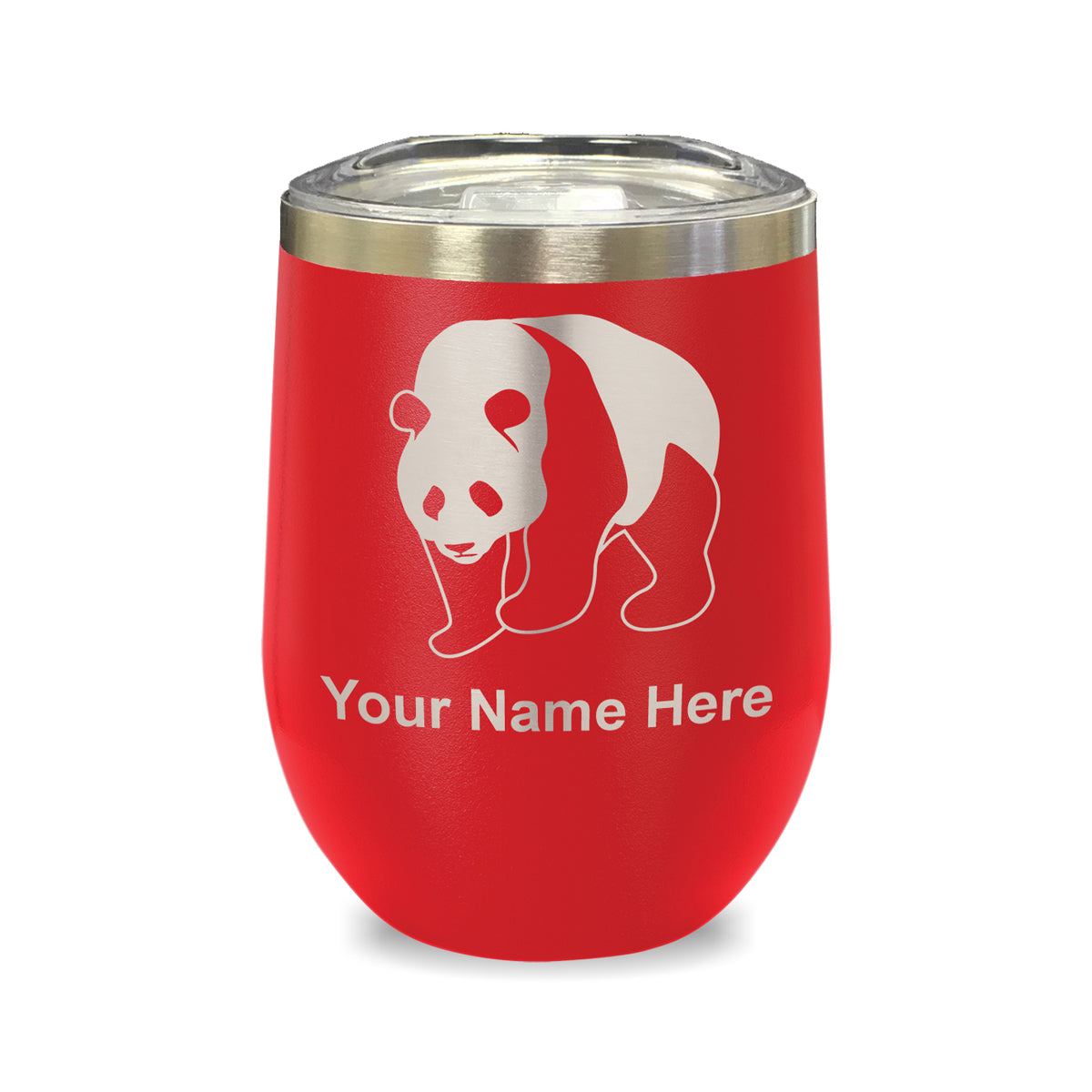 LaserGram Double Wall Stainless Steel Wine Glass, Panda Bear, Personalized Engraving Included