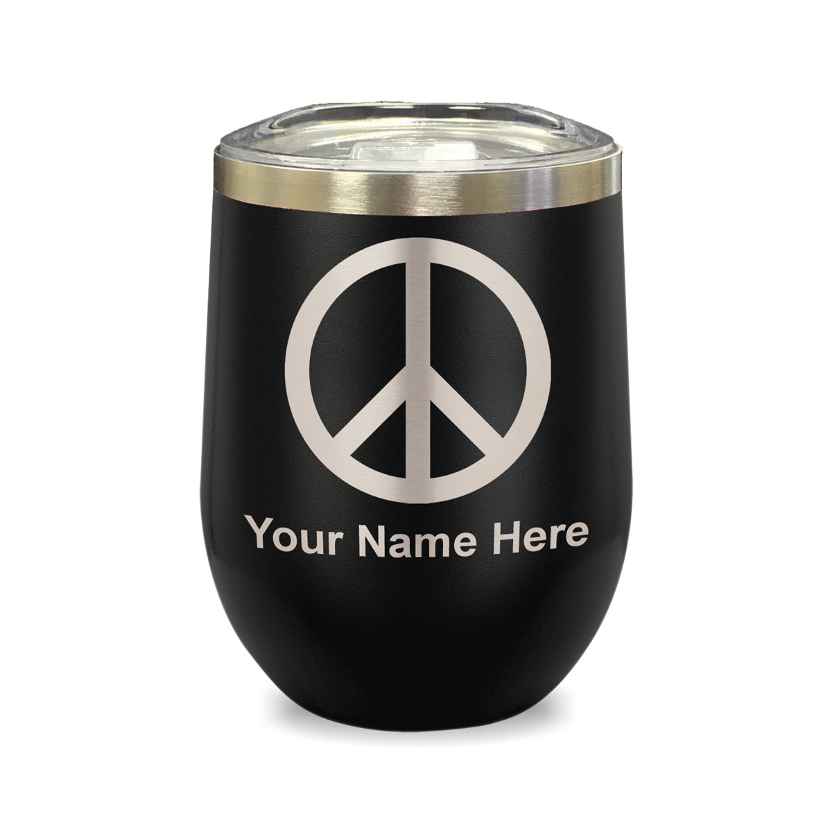 LaserGram Double Wall Stainless Steel Wine Glass, Peace Sign, Personalized Engraving Included