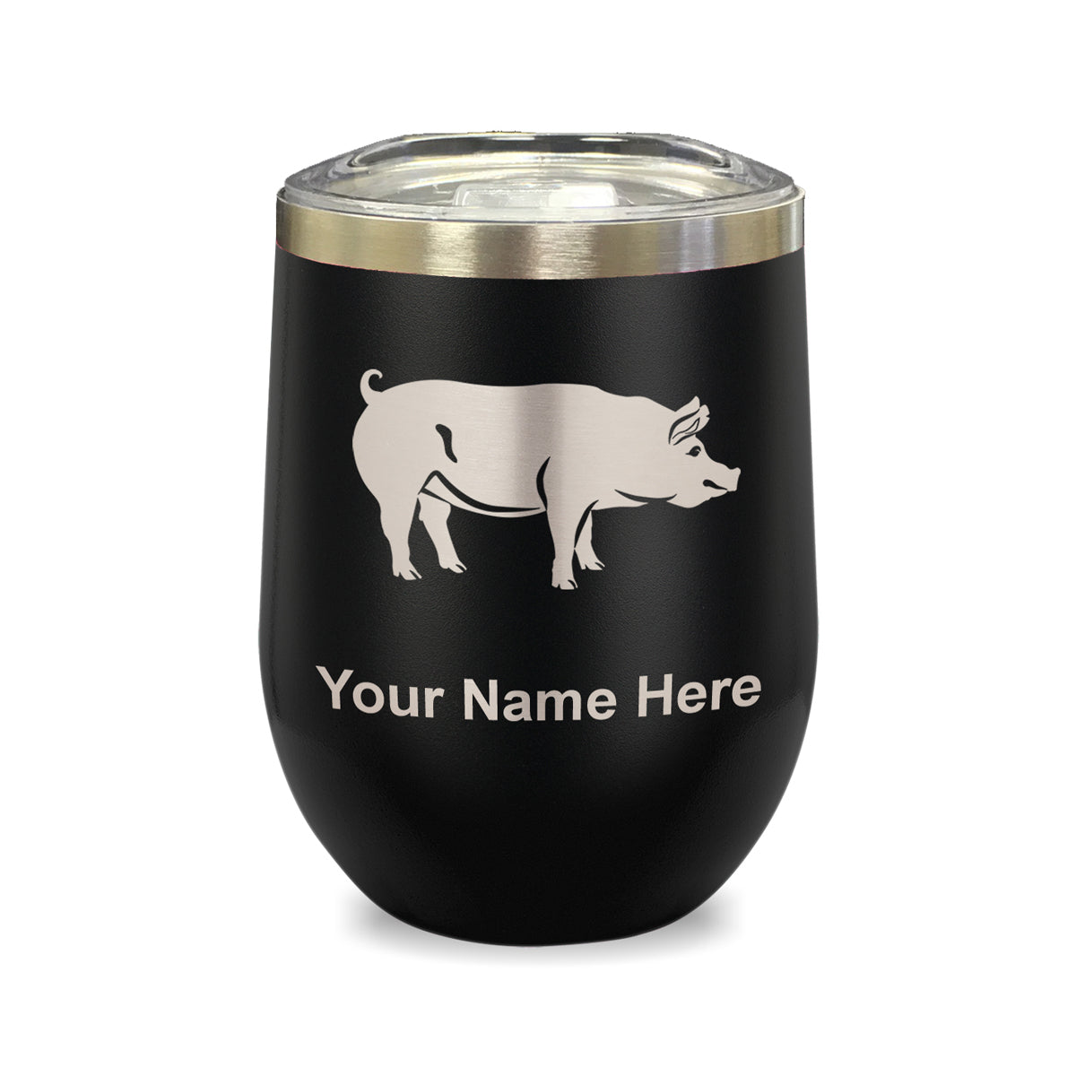 LaserGram Double Wall Stainless Steel Wine Glass, Pig, Personalized Engraving Included