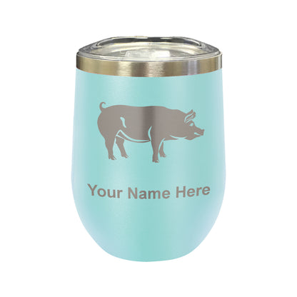 LaserGram Double Wall Stainless Steel Wine Glass, Pig, Personalized Engraving Included