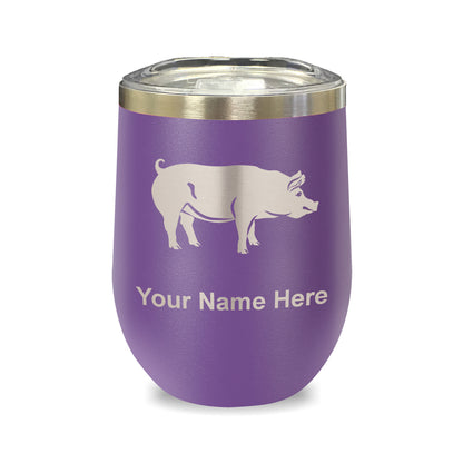 LaserGram Double Wall Stainless Steel Wine Glass, Pig, Personalized Engraving Included