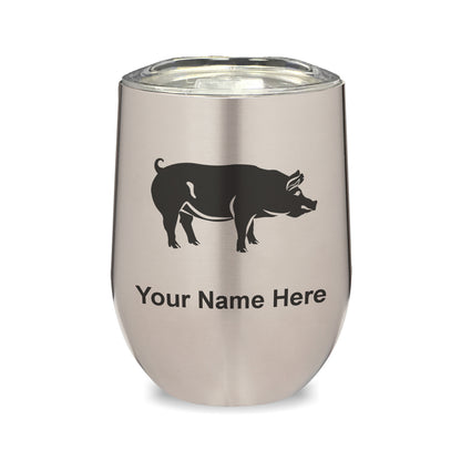 LaserGram Double Wall Stainless Steel Wine Glass, Pig, Personalized Engraving Included