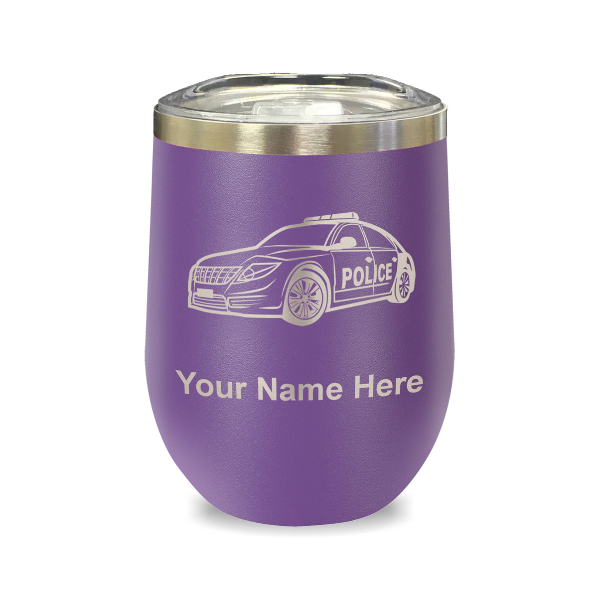 LaserGram Double Wall Stainless Steel Wine Glass, Police Car, Personalized Engraving Included