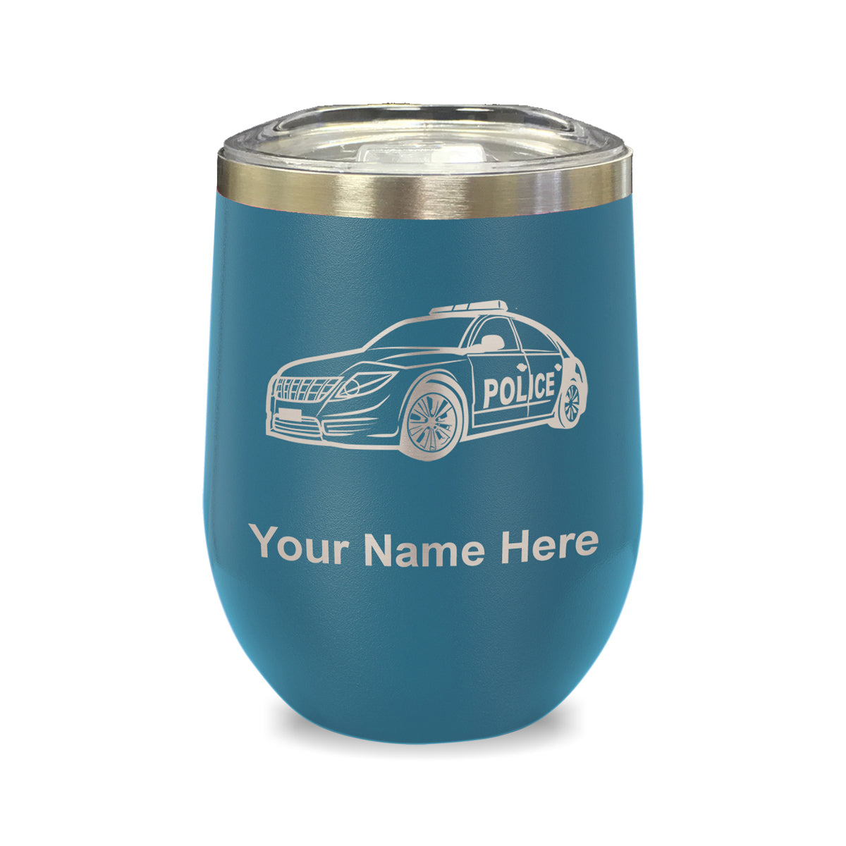 LaserGram Double Wall Stainless Steel Wine Glass, Police Car, Personalized Engraving Included